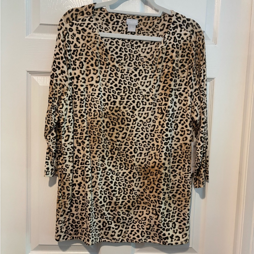 NWT Chicos Cheetah Print 3/4 Sleeve T-Shirt, Size 3